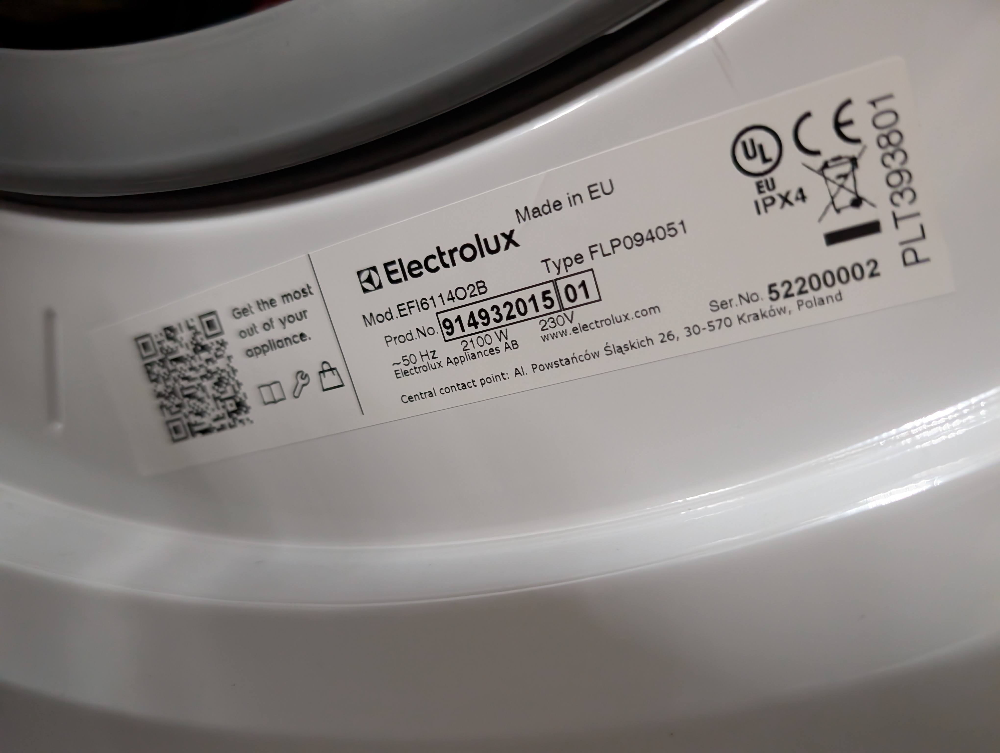 Identification plate of a washing machine.